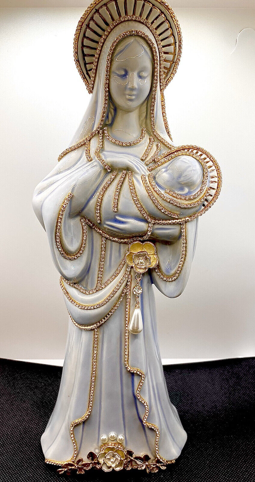Vintage Virgin Mary Ceramic Figurine with Embellishments