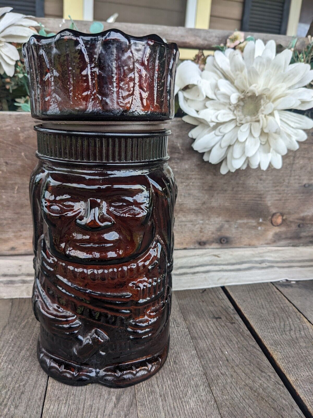 Vintage Native American Chief Brown Glass Tobacco Humidor Canister Jar