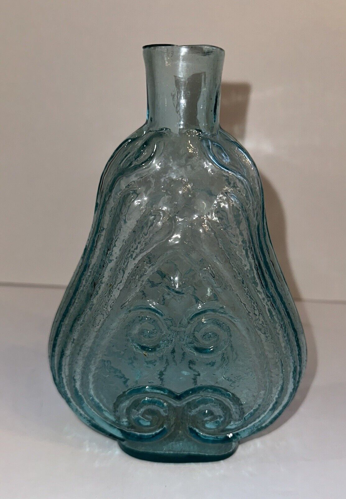 1850s Aqua Iron Pontil Quart Scroll Historical Whiskey Flask Bottle Stars