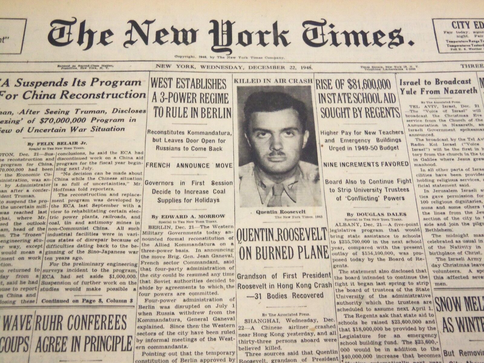 1948 DECEMBER 22 NEW YORK TIMES - QUENTIN ROOSEVELT ON BURNED PLANE - NT 4356