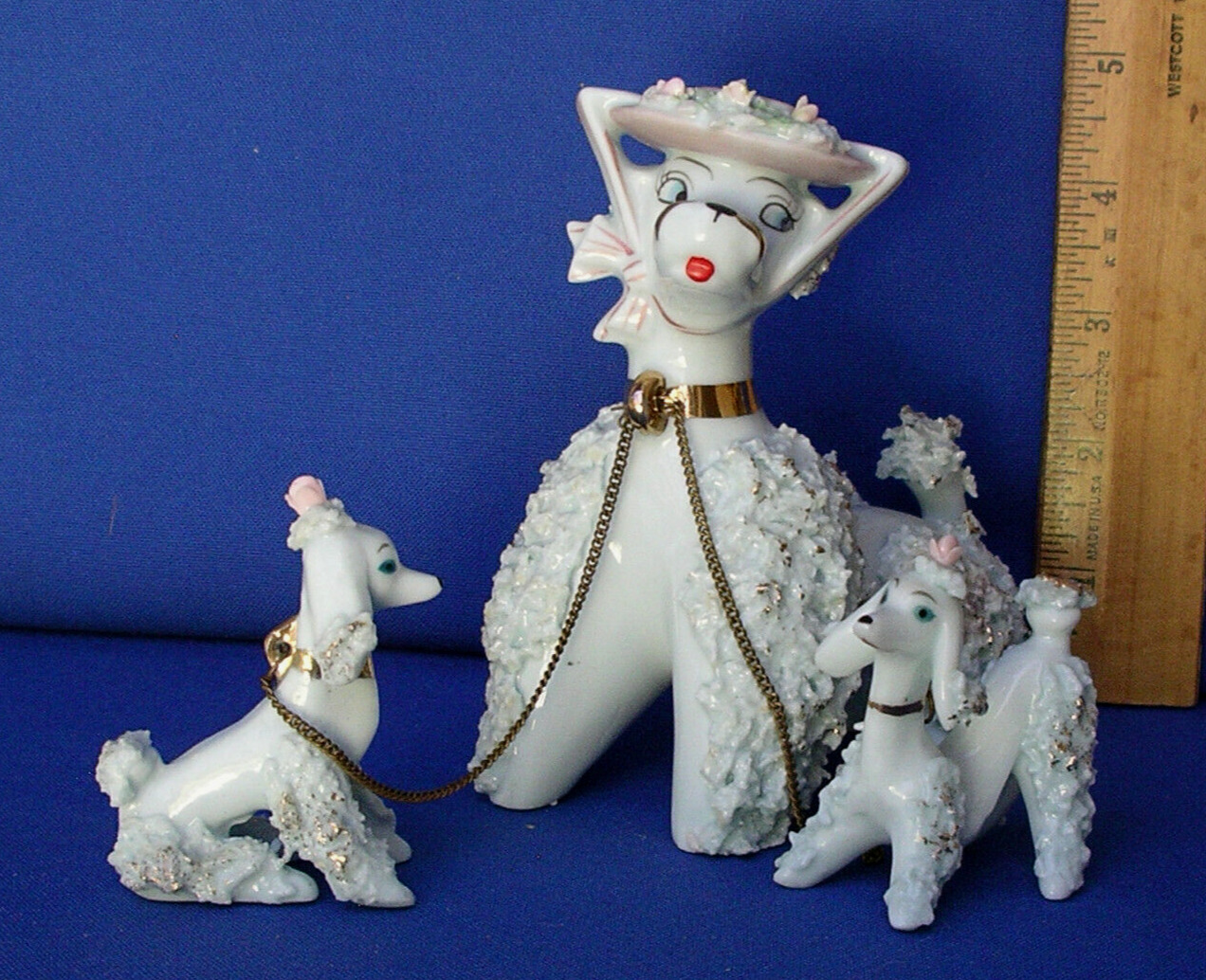 Vintage MCM Blue Spaghetti Poodle Dog Family, Hat GOLD Chain puppies set 3 RARE