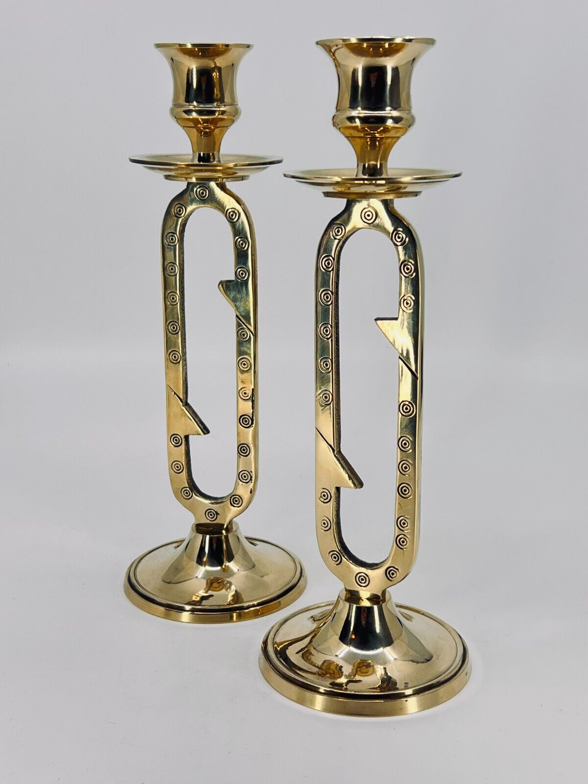 Vintage MCM brass candlestick holders geometric circle design 9\