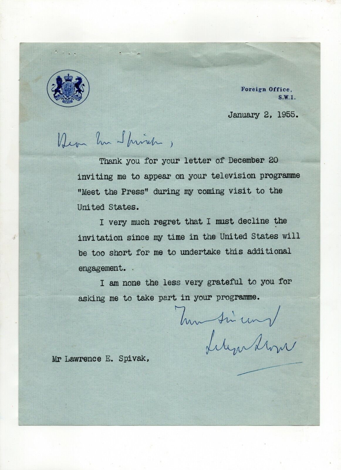 Baron Selwyn Lloyd SIGNED 1955 letter by UK Foreign Secretary -- WWII - Normandy