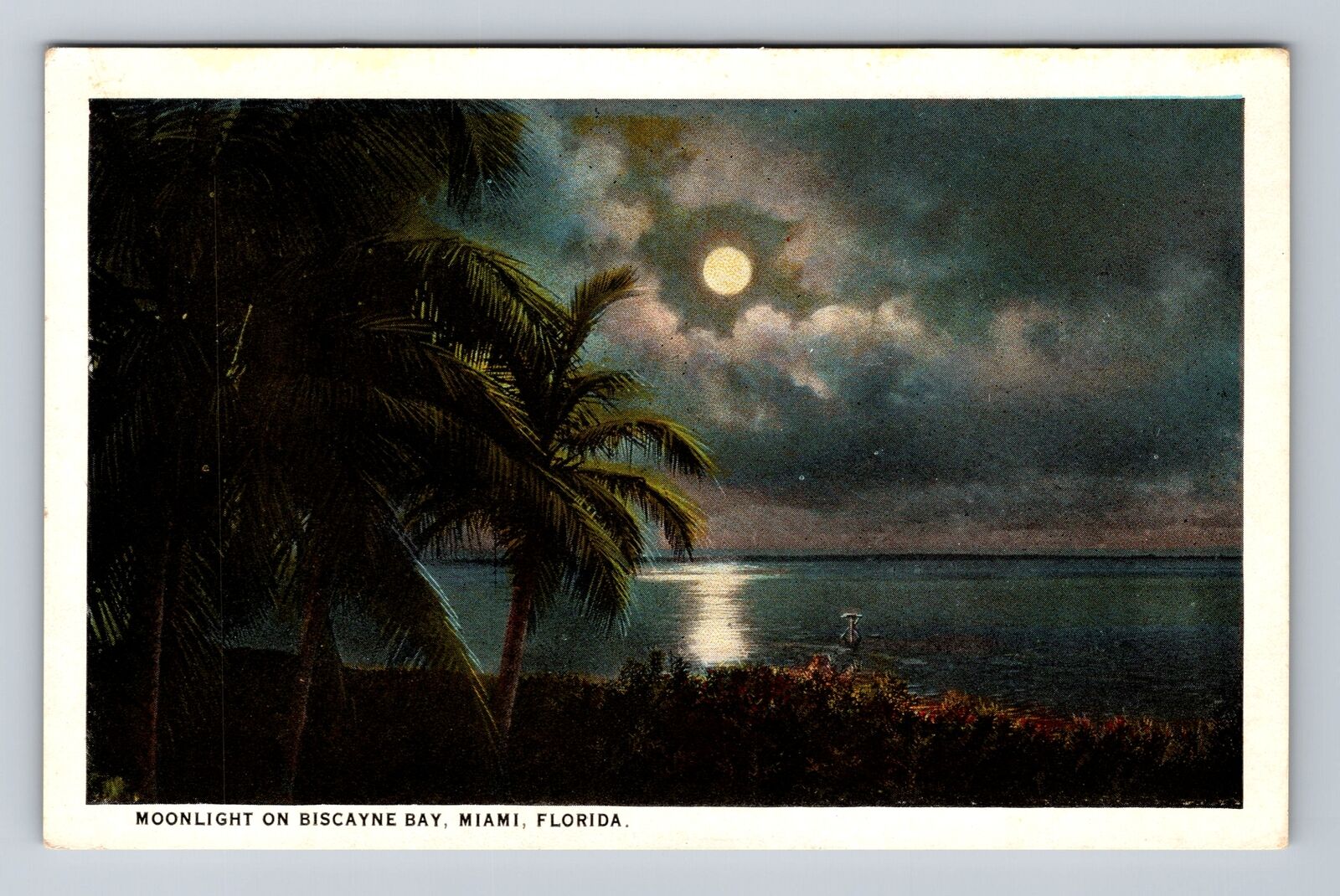 Miami FL-Florida, Moonlight on Biscayne Bay, Antique Souvenir Vintage Postcard