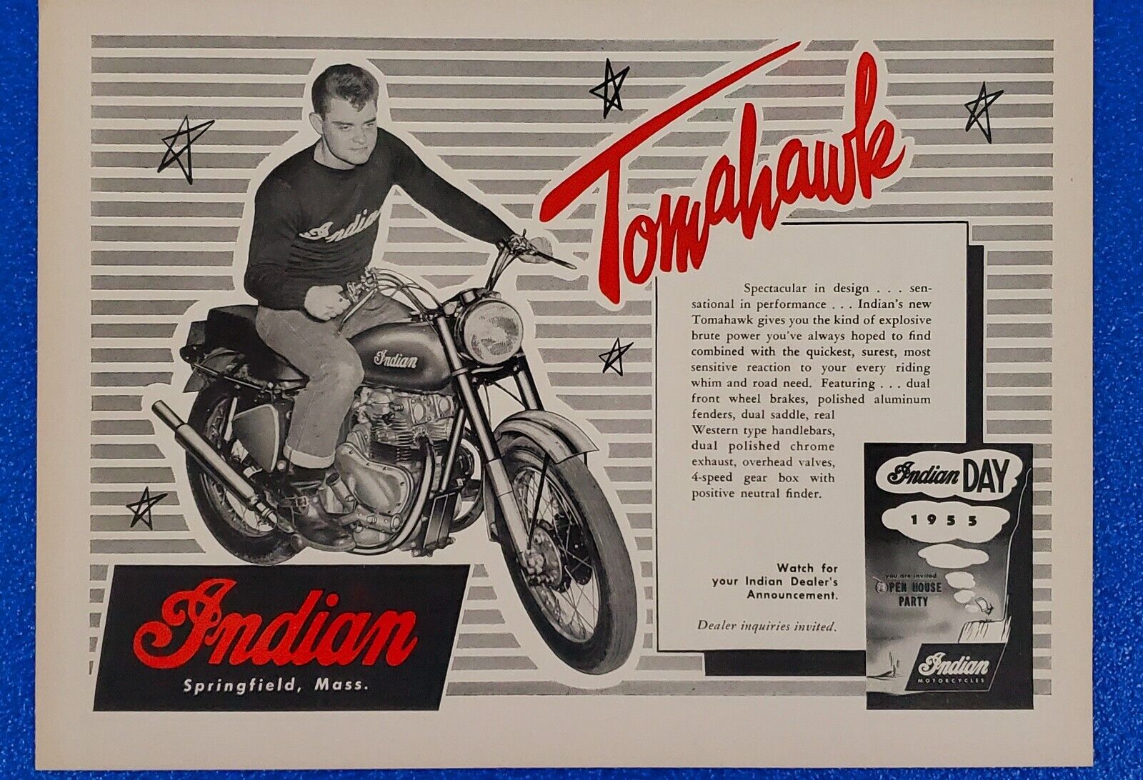 1955 VINTAGE INDIAN TOMAHAWK MOTORCYCLE ORIGINAL CLASSIC PRINT AD 1950s ICON