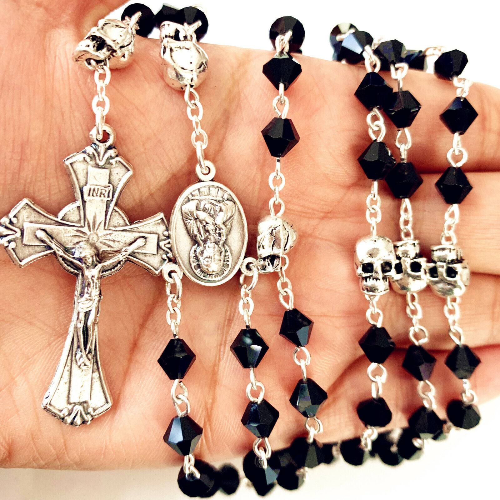 Silver Skull BEAD & Black CRYSTAL glass Beads Catholic Rosary Necklace crucifix