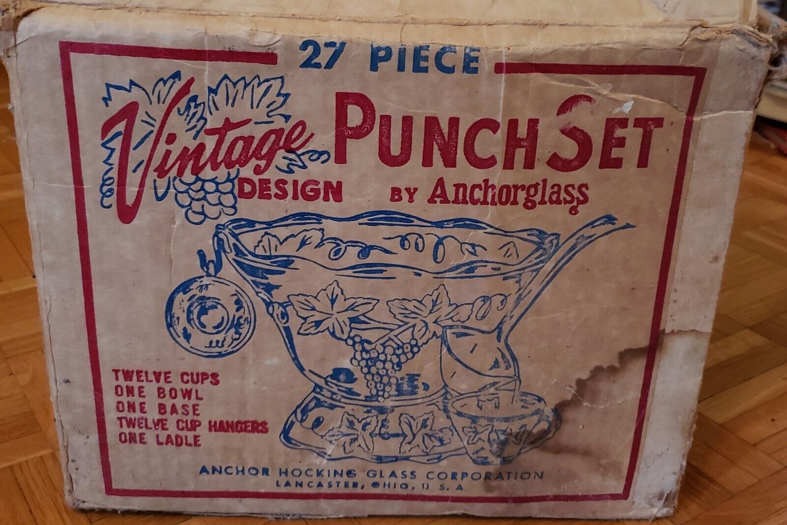 VTG Anchor Hocking Punch Bowl Set 12 Cups Anchorglass Set W Original Box Lot 27 
