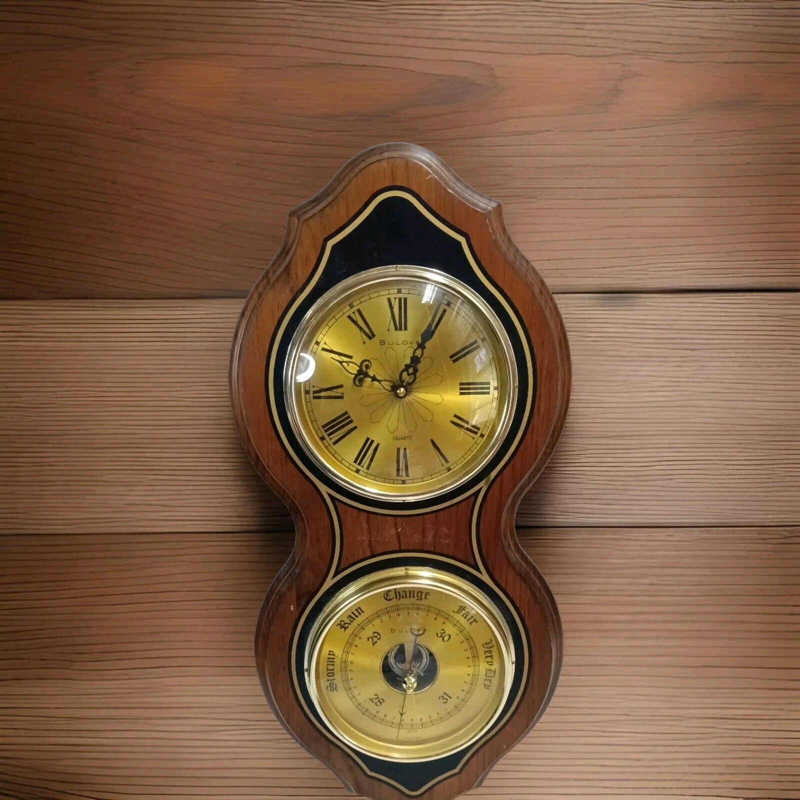 Vintage Bulova Barometer Wall Clock Wooden Frame Brown Gold Tone Display England