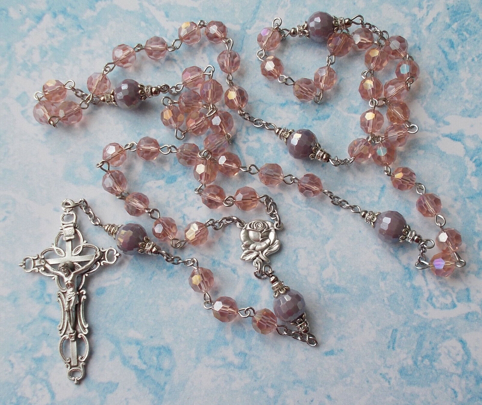 GORGEOUS~Aqua rose & lavender Crystal Rosary~Handmade~Italy~Ornate Crucifix