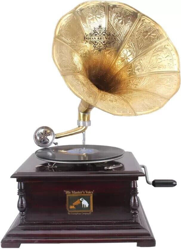 Vintage His Master\'s Voice Gramophone Wooden Brass Nautical Horn Gift Decorative