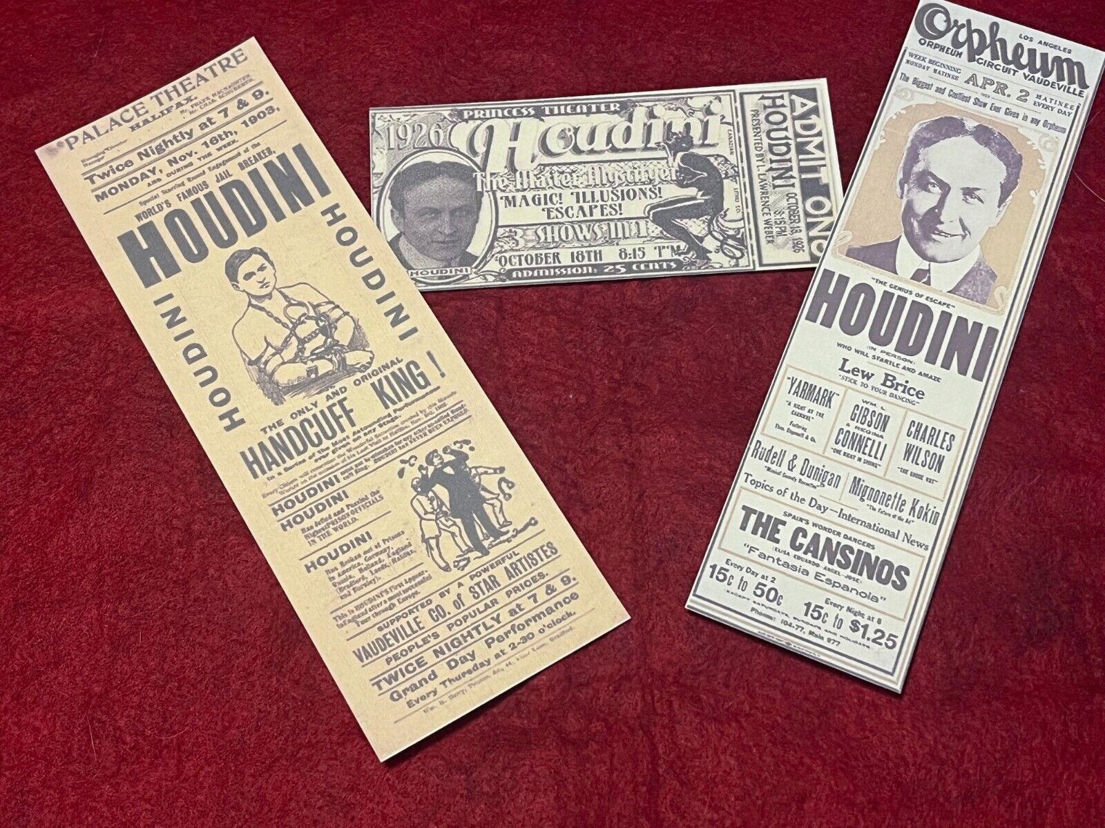 Harry Houdini Replica show tickets, Set of THREE, One LOW Price Rare Collectible