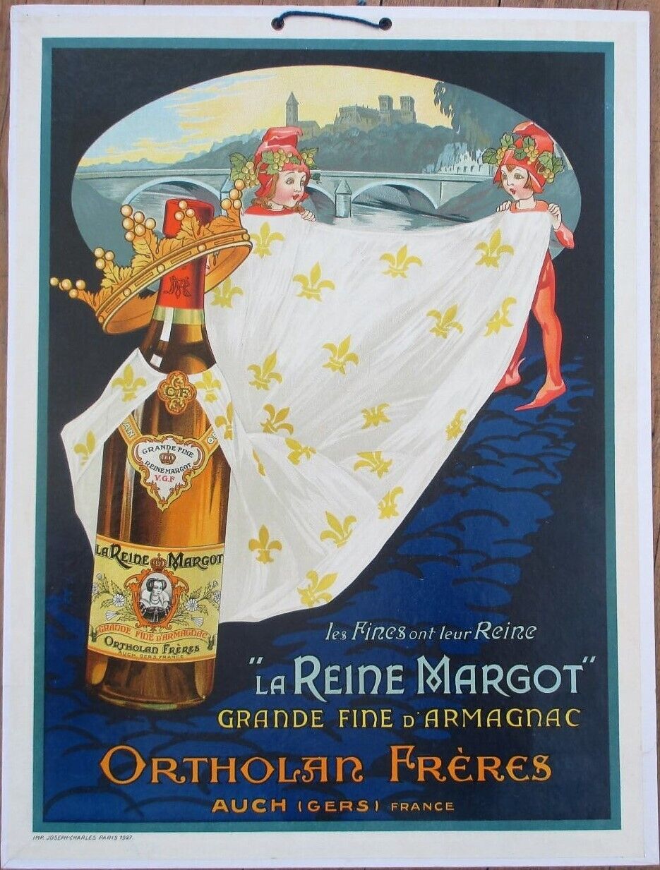 Armagnac 1927 Art Deco French Advertising Sign, Nymphs and Queen Bottle, Litho