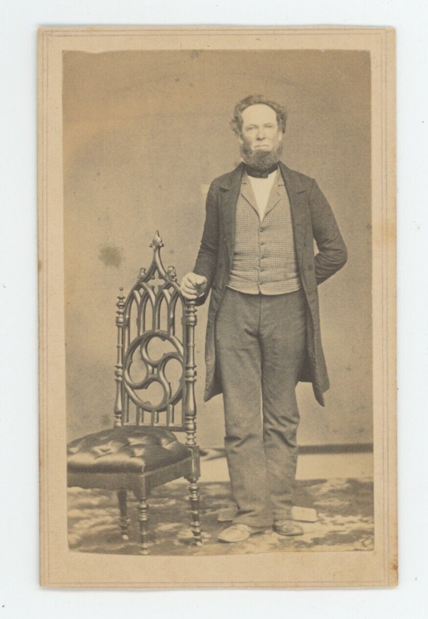 Antique CDV Circa 1870s Stoic Older Man With Long Chin Beard in Suit by Chair