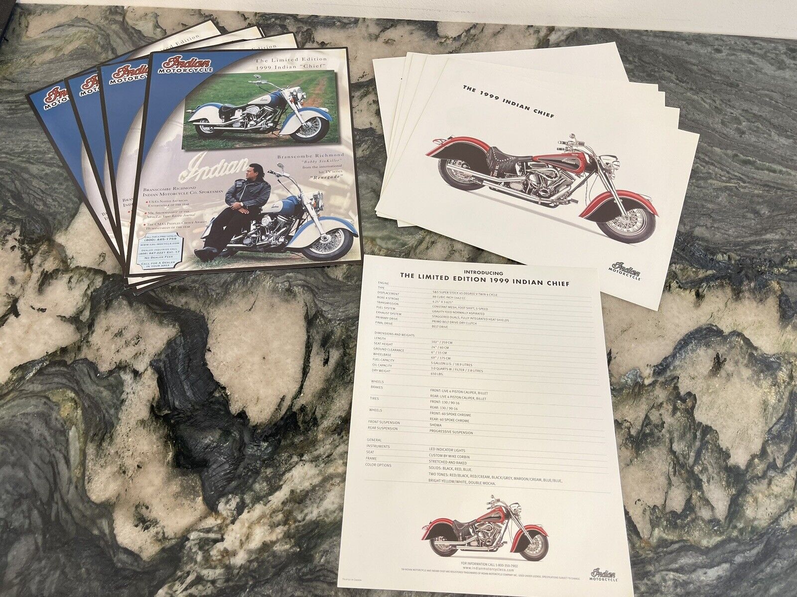 LOT (10) Vintage Indian Motorcycle 1999 Chief Paper Advertising + Spec Sheets