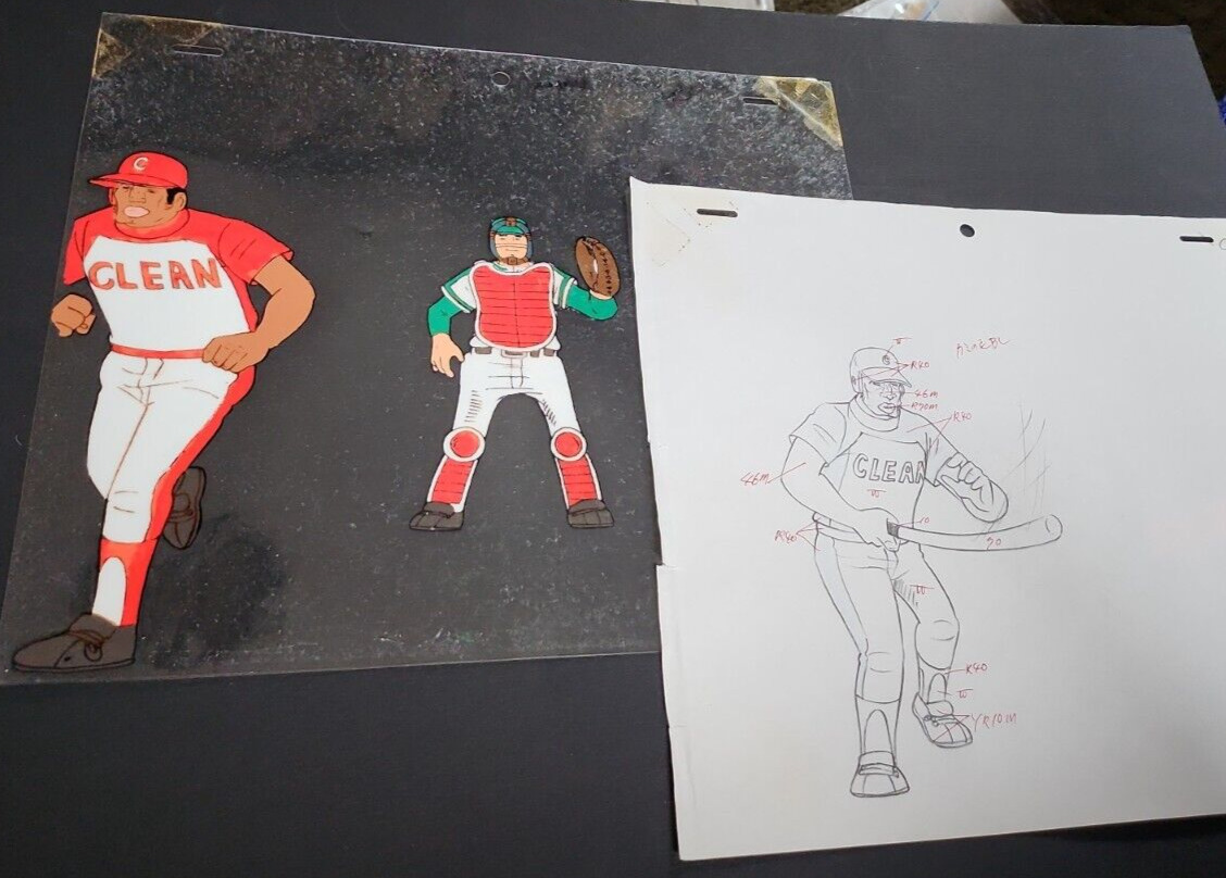 Orig Japanese Anime Cel CLEAN BASEBALL Player and Catcher #268 ~ RAY ROHR Art