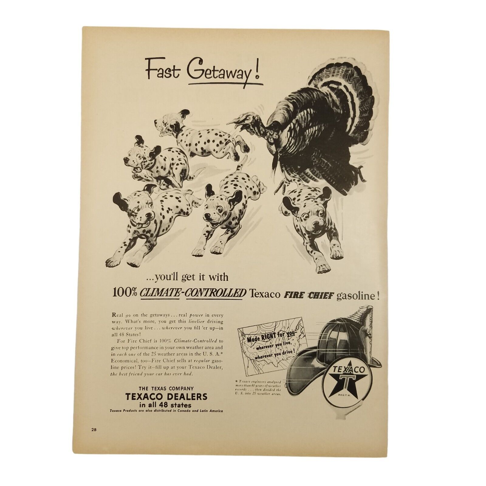 1953 Texaco Fire Chief Gasoline Vintage Print Ad Fast Getaway Turkey Chasing Pup