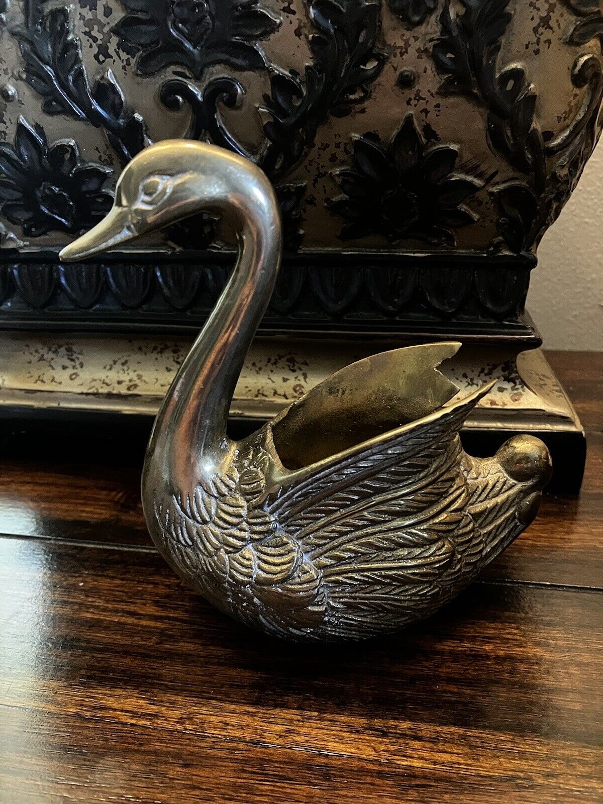 Vintage Brass Swan Planter With Beautiful Detail In The Wings And Patina