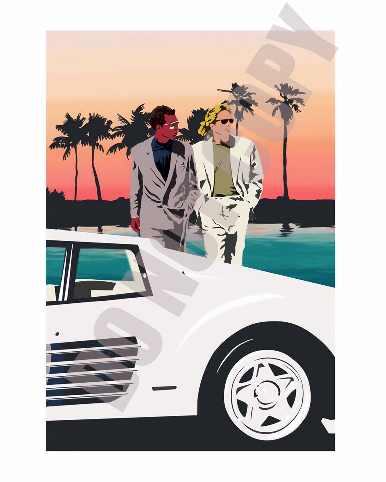 1980s Miami Vice TV Show Don Johnson Ferrari Testarossa Illustration 8x10 Photo