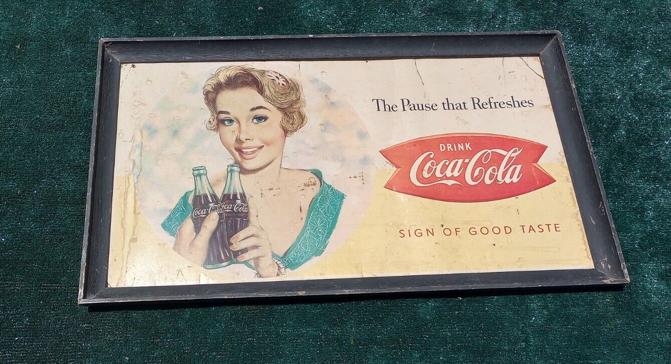 1940s Coca-Cola Advertising Sign. Cardboard w/ Orig. Frame. 21.5x37.5