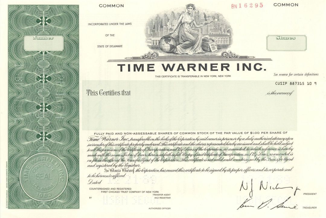 Time Warner Inc. - 1989 dated Specimen Stock Certificate - Dated 1 Year Before B