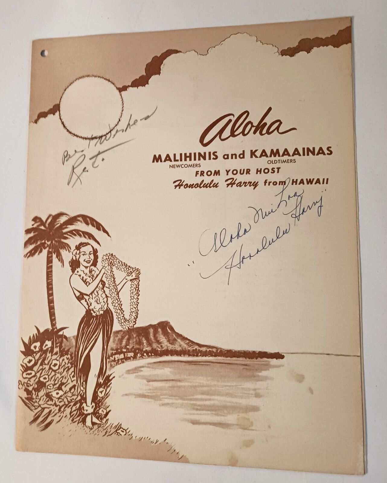 Honolulu Harry's Waikiki Vintage Signed Menu Chicago Sunday Luau 5.00 Per Person