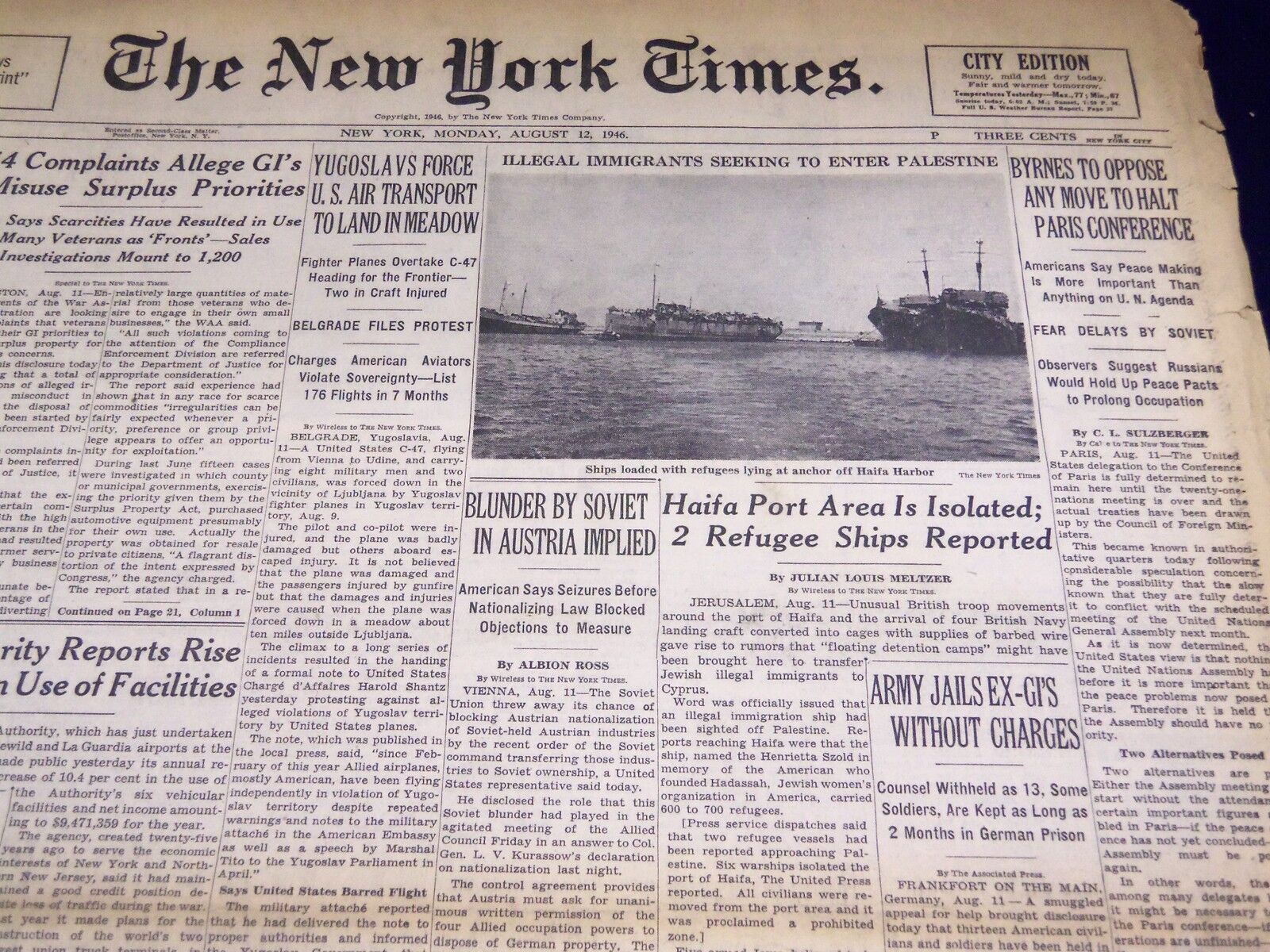1946 AUGUST 12 NEW YORK TIMES - SHIPS WITH REFUGEES AT HAIFA HARBOR - NT 2632
