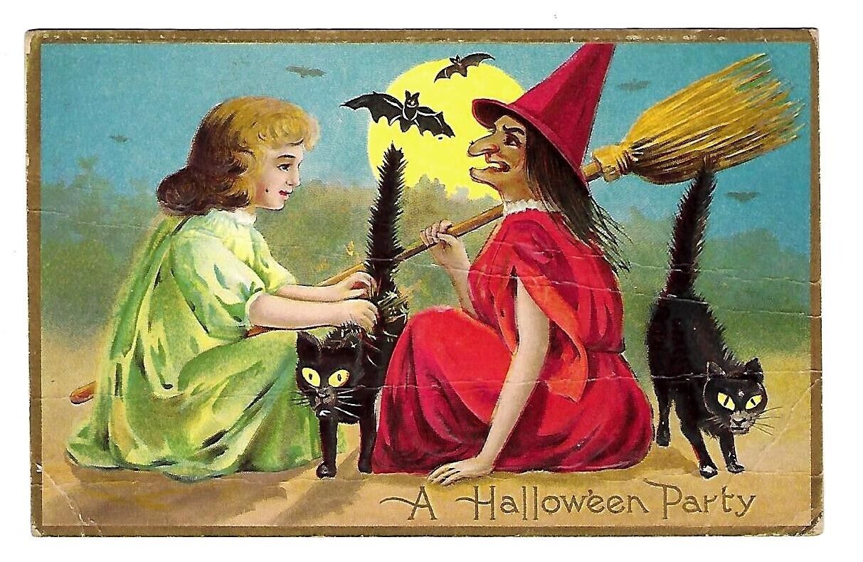 c1909 Halloween Postcard Witch Young Girl & 2 Black Cats/Bats