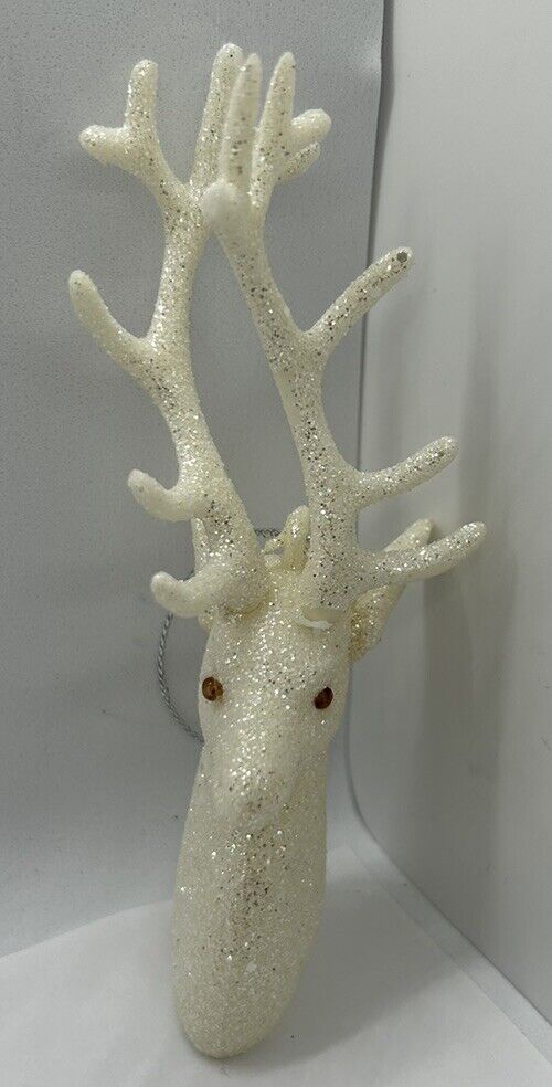 White Glitter Reindeer Head Christmas Ornament Stag Deer Antlers 5\