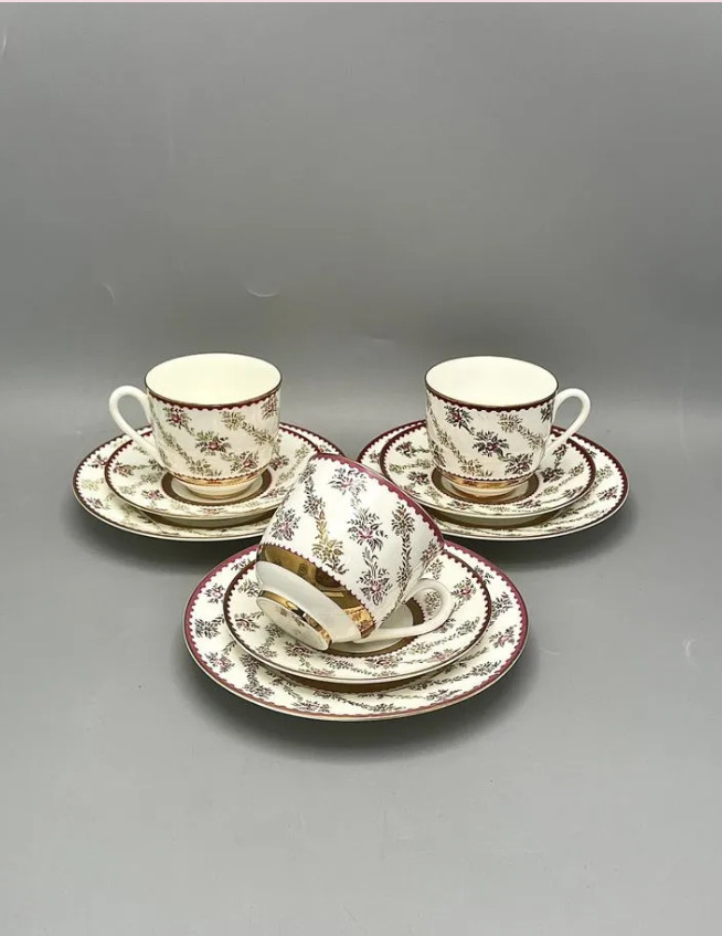 Vintage Lomonosov Lfz USSR Trio Coffee Cups And  Saucers Floral Pattern Marked