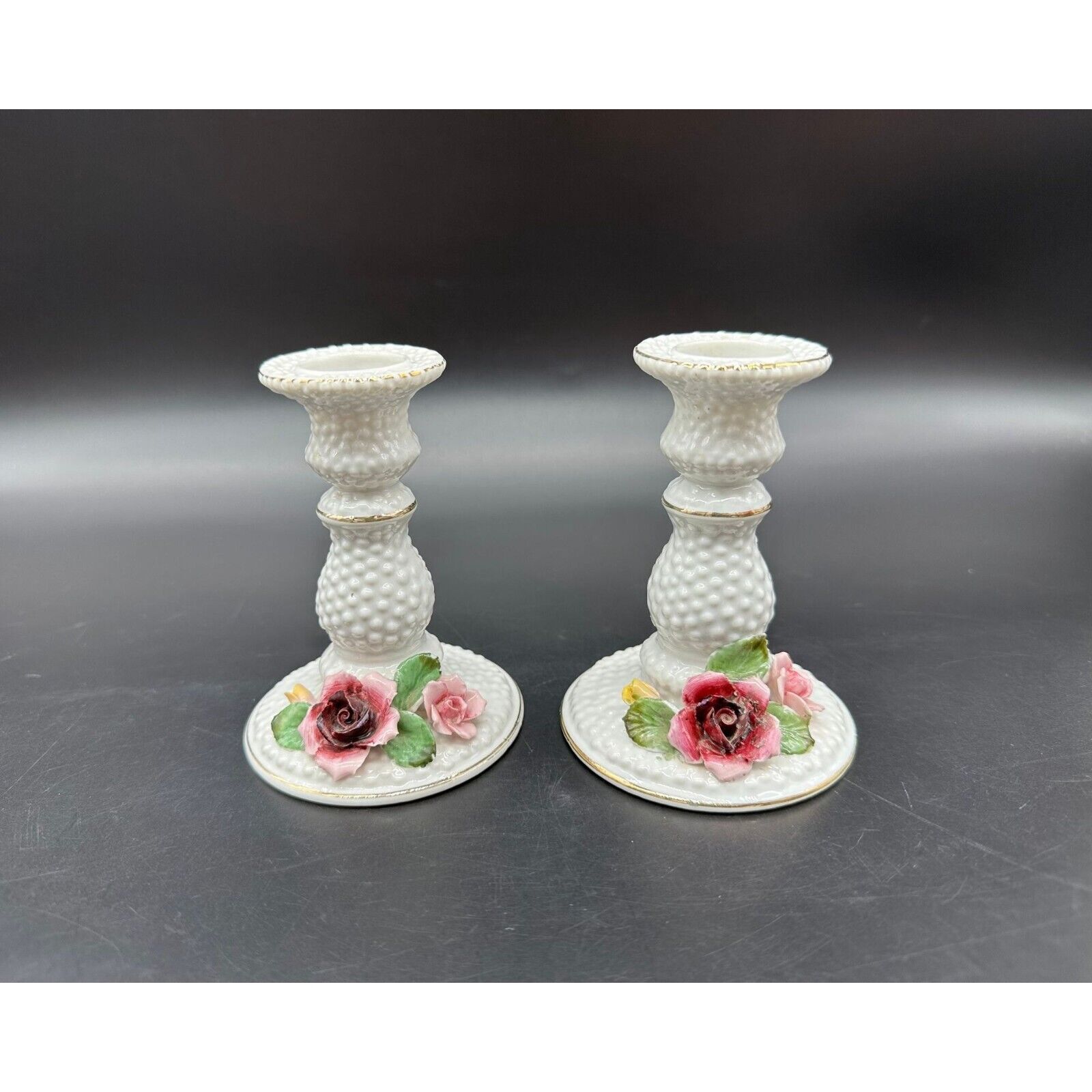 Vintage Candlestick Holders Pink Rose Flowers Japan Ceramic Cottage Core Pair
