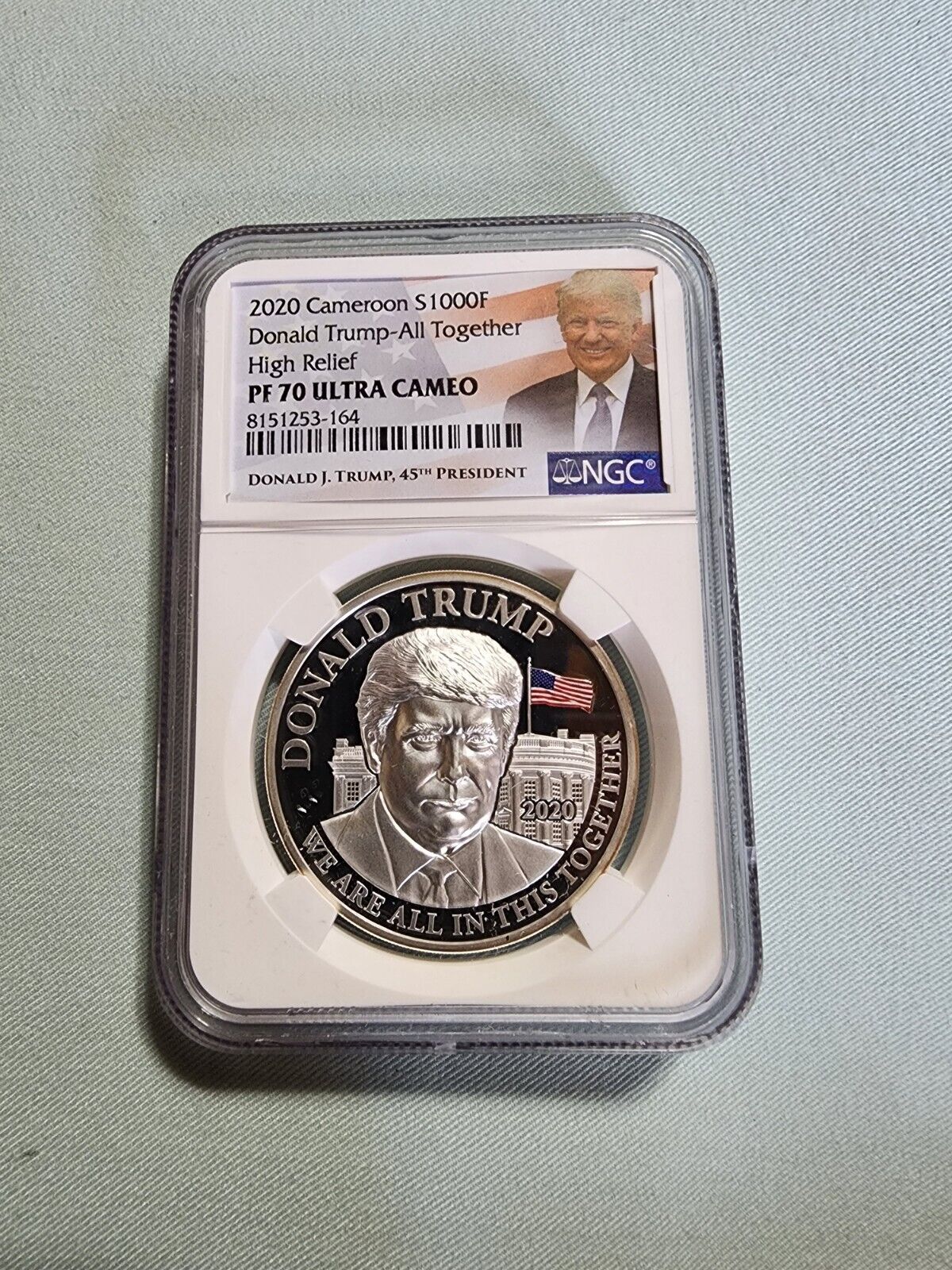 2020 Cameroon 1000F 1oz Silver Donald Trump High Relief NGC PF70 Ultra Cameo 