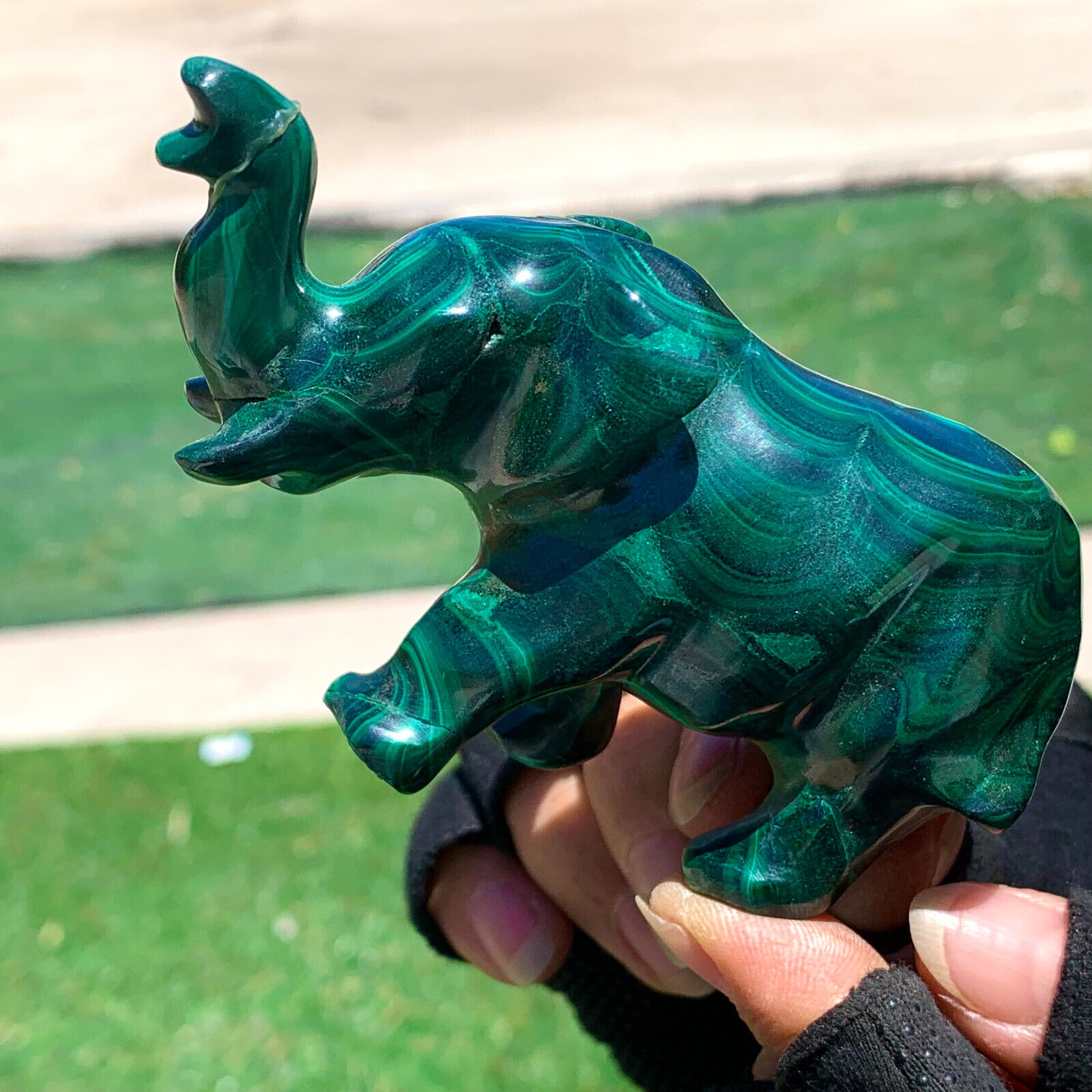276G Natural glossy Malachite Crystal  Handcarved elephant mineral sample