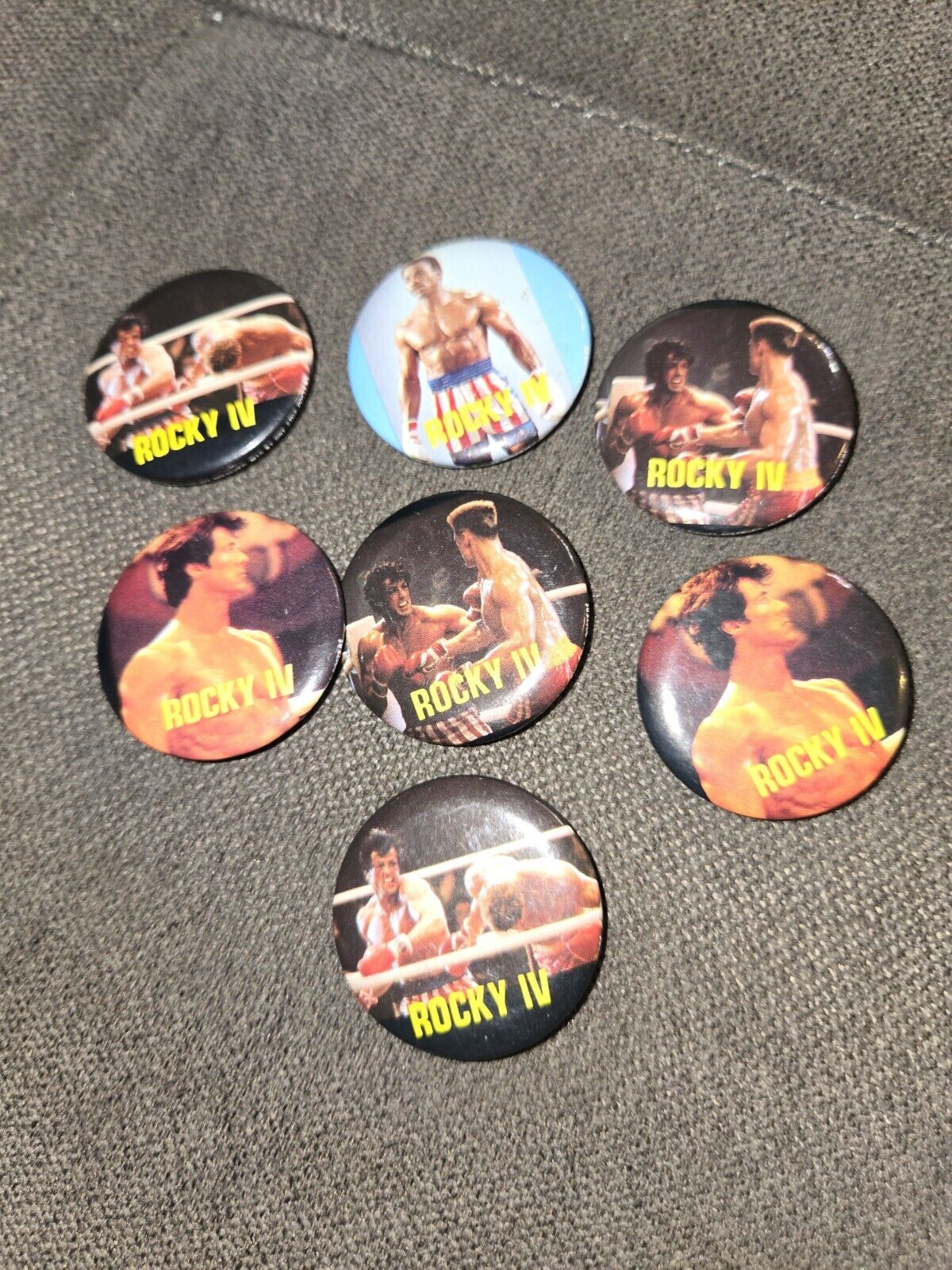 7 Vintage 1985 Rocky IV Apollo Stallone Creed Pin Back Button 2.25” Movie Promo