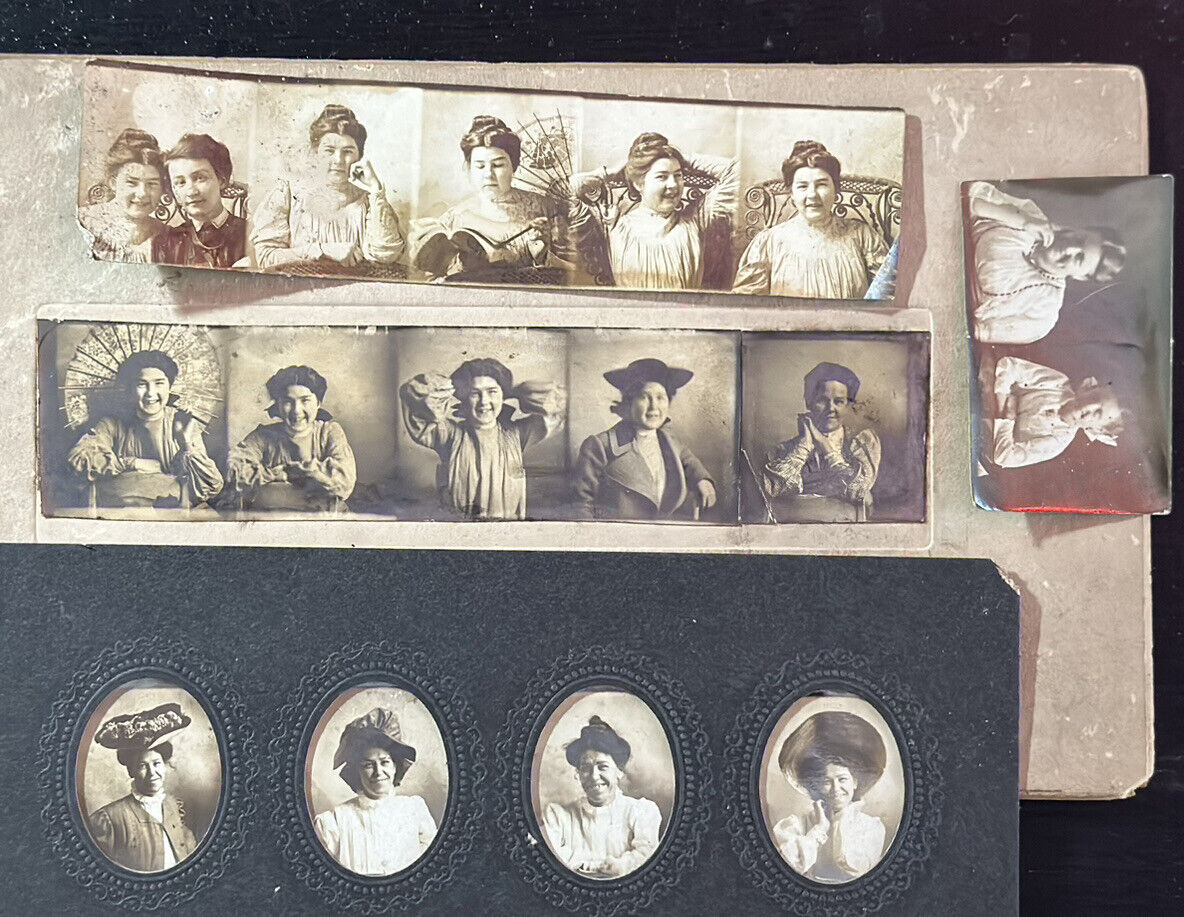 Antique Original Victorian Era Photo Booth Photos Women Hats Vintage
