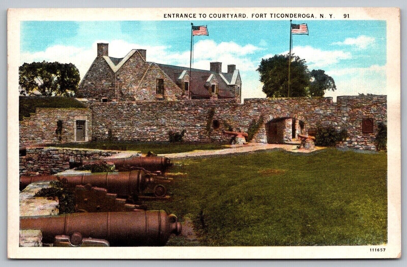 Courtyard Entrance Fort Ticonderoga New York American Flags Cannons VNG Postcard