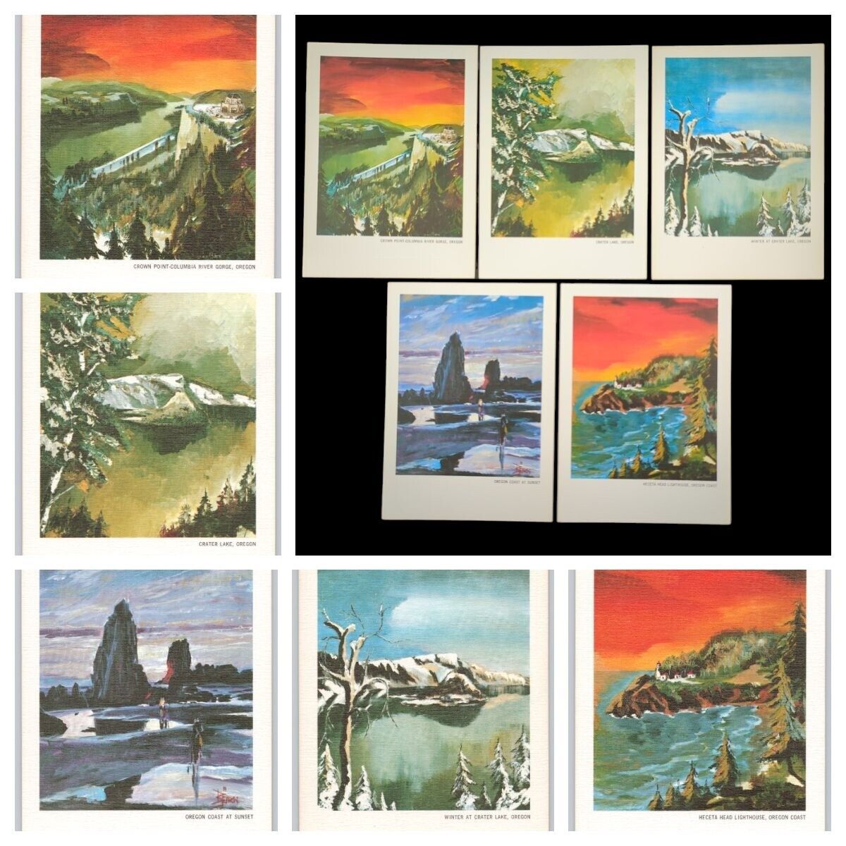 Postcards Linen Set 5 Oregon Art Painting Crater Lake Heceta Lighthouse Columbia