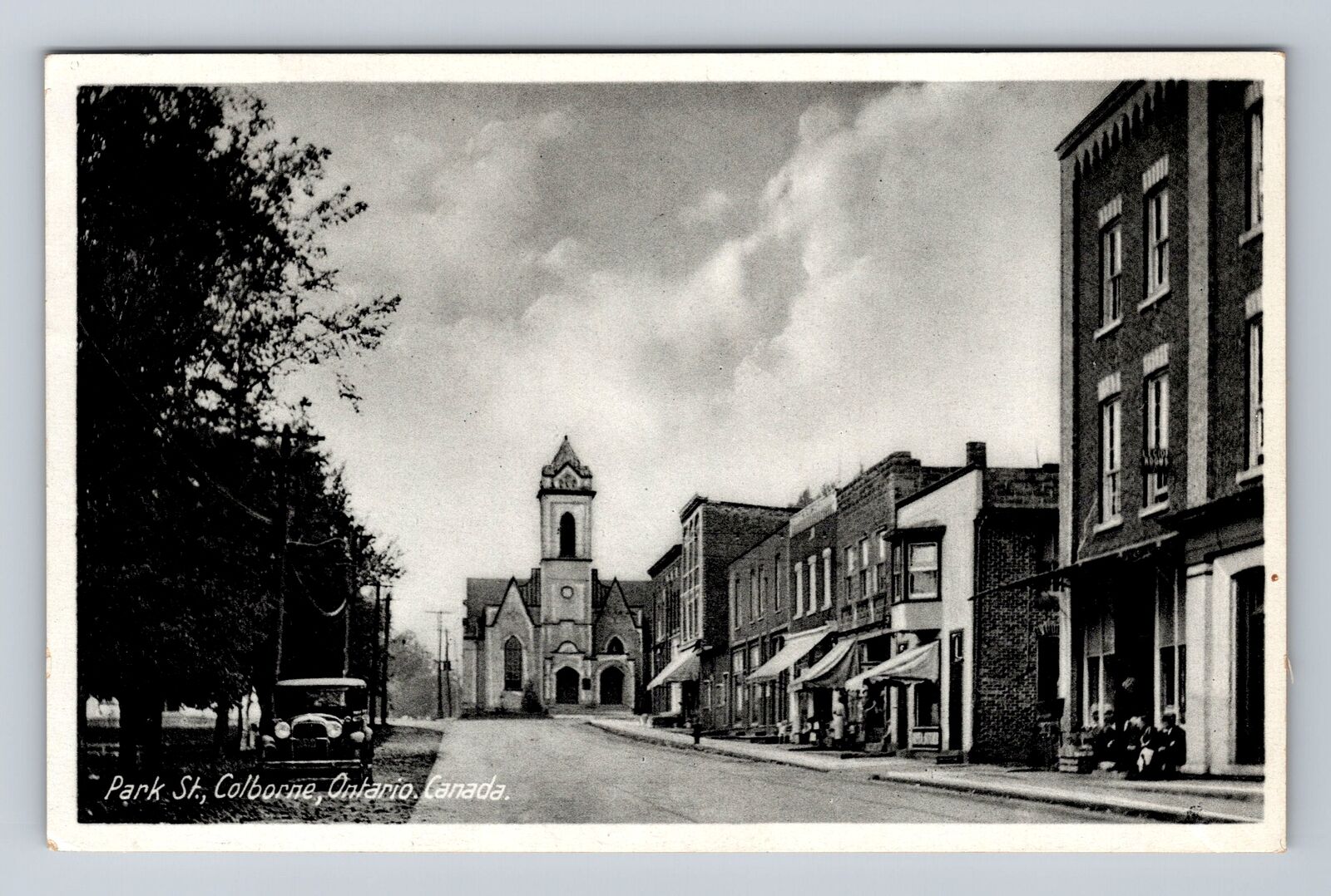 Colborne Canada, Park Street, Church, 1930's Car, Antique Vintage c1940 Postcard