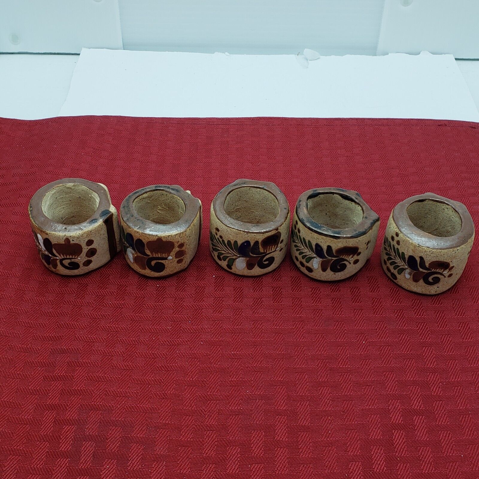 Vintage Netzi Ceramic Stoneware Napkin Rings Lot Of 5 Hand Made/Painted Mexico