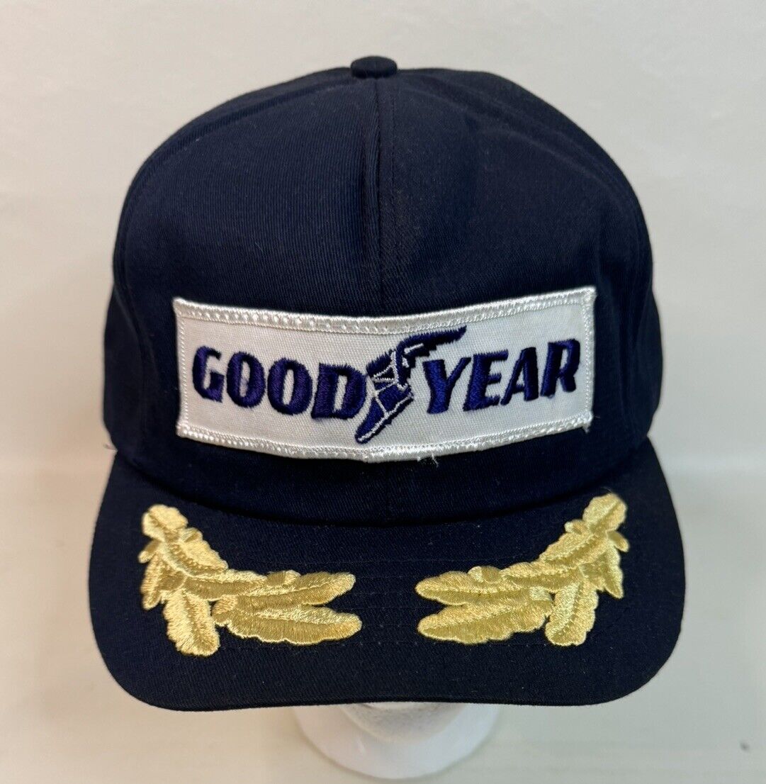 Vintage Goodyear Tire Hat Cap Gold Leaf Captian Hat Snapback Made In USA Blue  B
