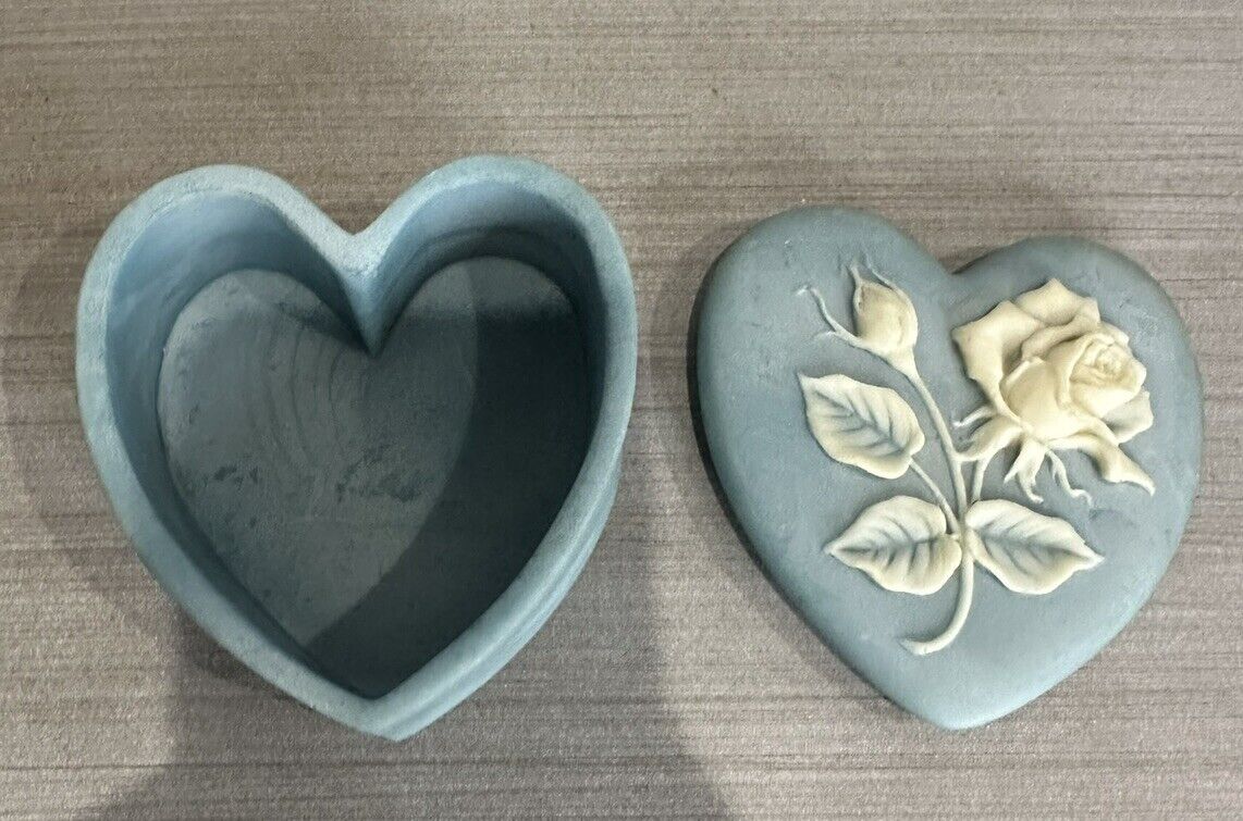 Vintage Blue Soapstone Heart/Rose Trinket Box With Lid