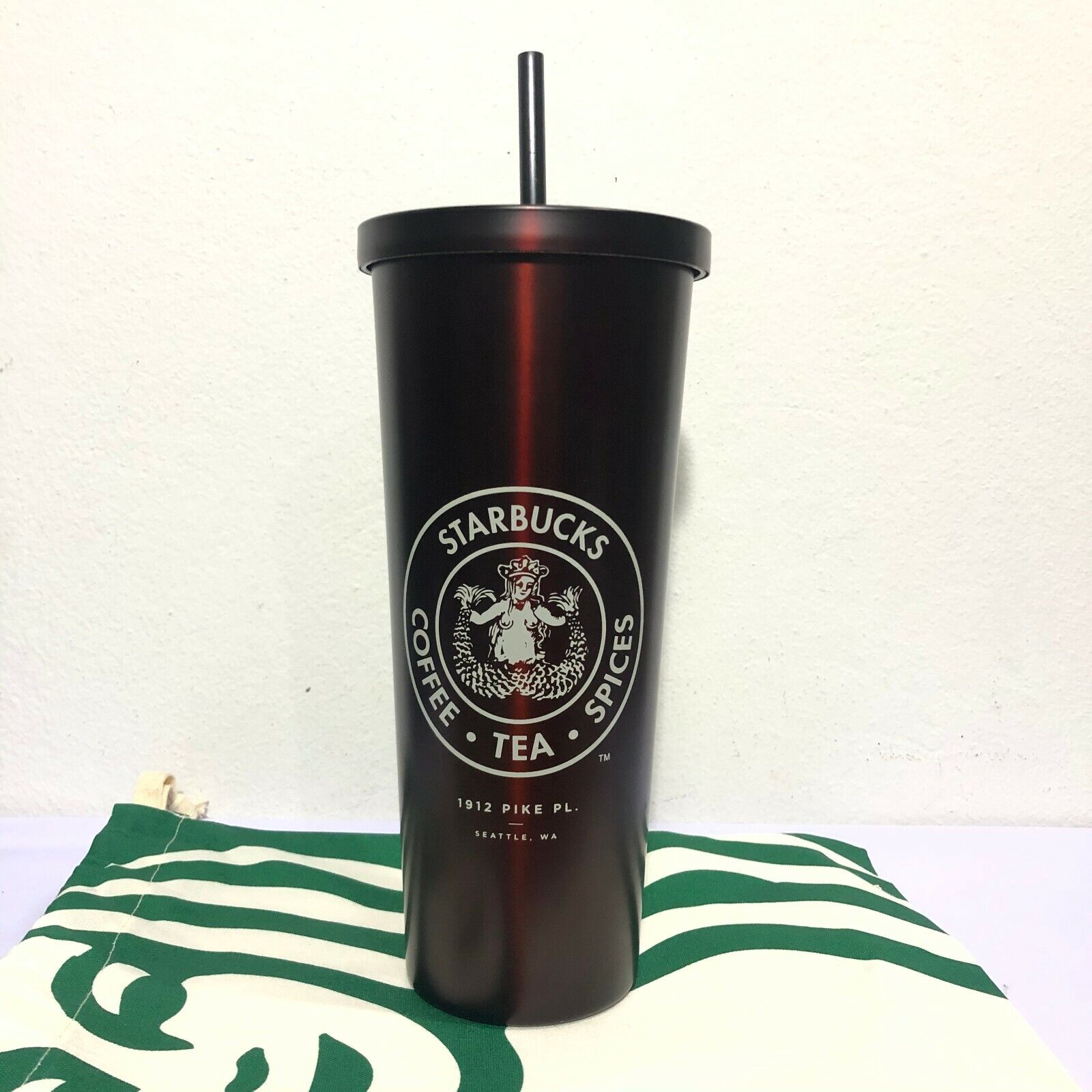 Starbucks Stainless Tumbler Venti 24 Oz. Pike Place Cold Cup Wine Red Glossy