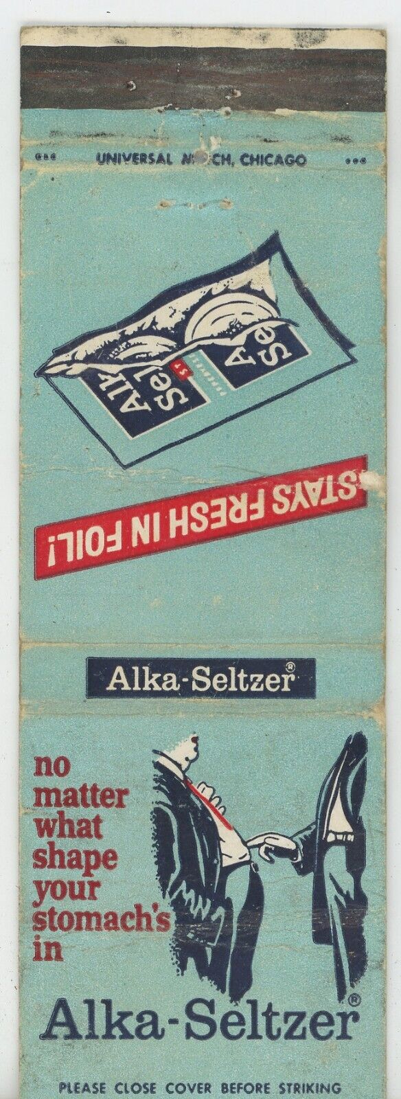 Alka Seltzer No Matter What Stomach Shape Antique Matchbook Cover D-6