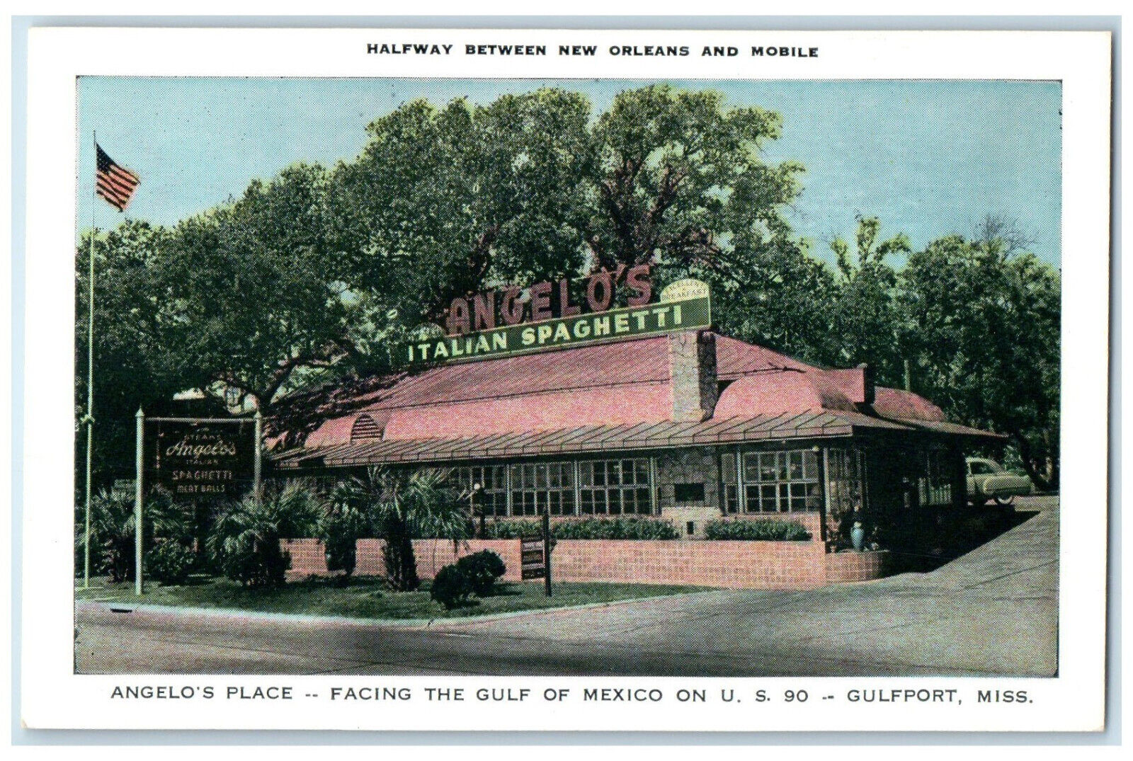 c1930s Angelo's Place Halfway Between New Orleans and Mobile Gulfort MS Postcard