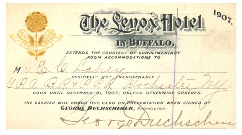 PASS Membership 1907 The Lenox Hotel Buffalo  E. Lahey 