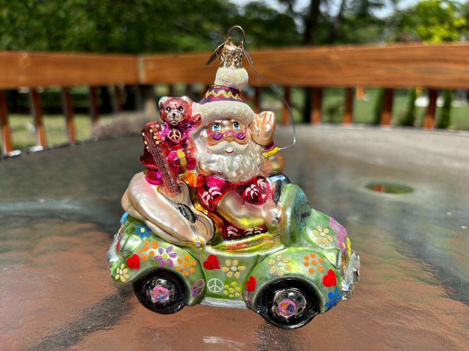 Christopher Radko Santa Green VW Bug Convertible With Gifts Ornament Peace Love