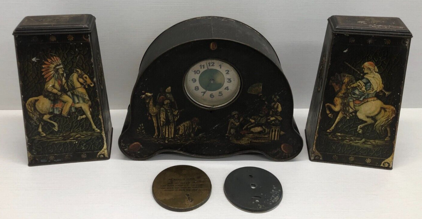 Vintage Victory V Gums & Lozenges Advertising Tin Litho Mantle Clock w/Side Cans