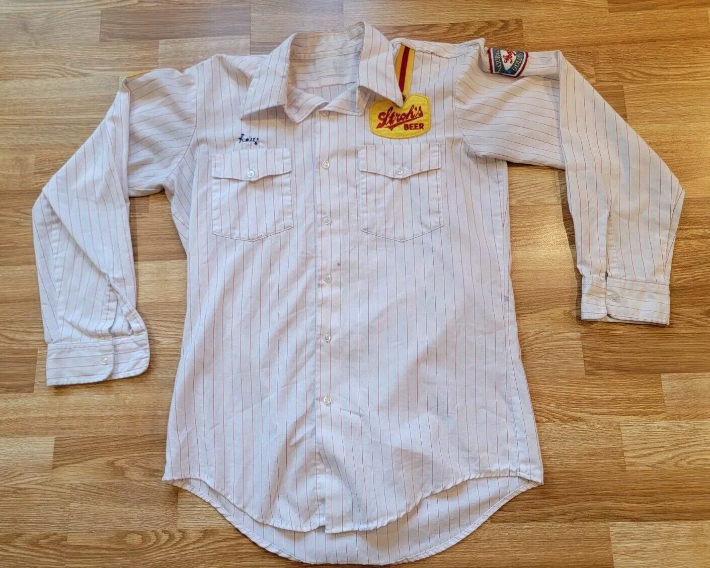 Vintage Strohs Beer Delivery Driver White Red Pinstripe LS Work Shirt \