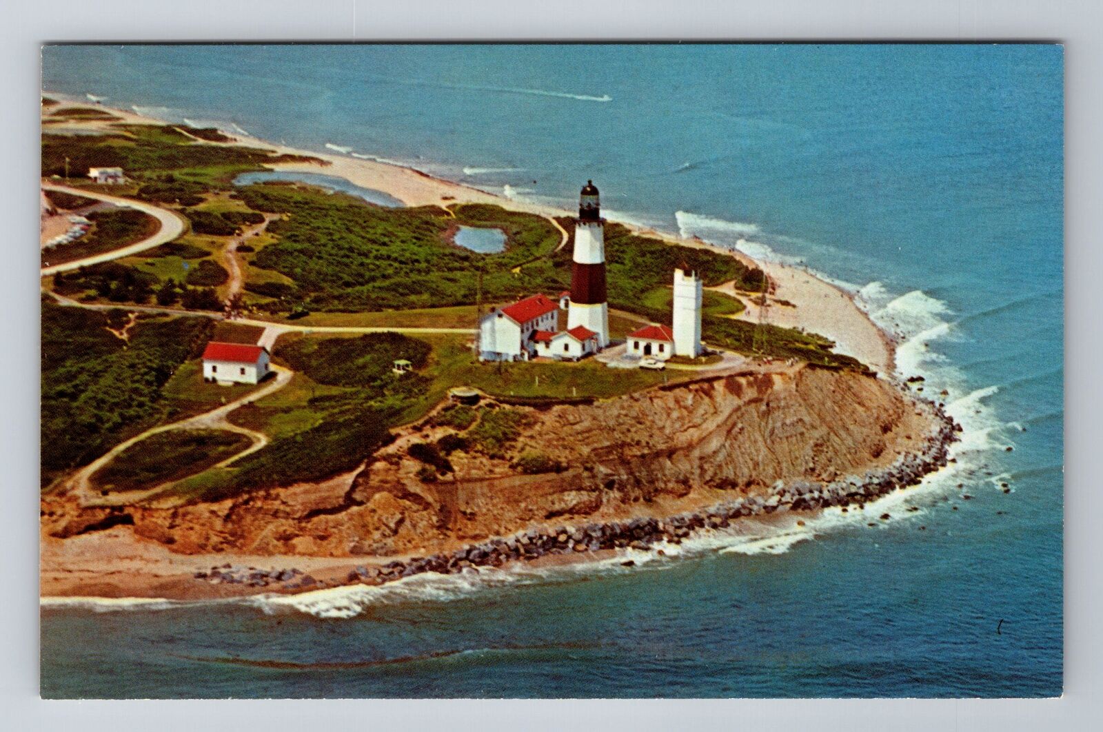 Montauk NJ-New Jersey, Aerial Montauk Point Lighthouse Souvenir Vintage Postcard