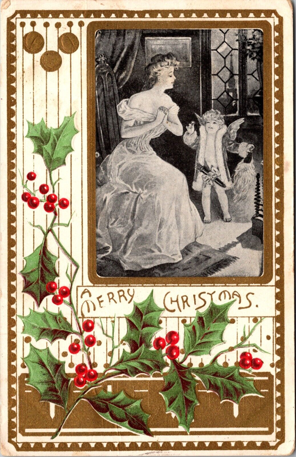 1907 A Merry Christmas Woman Child & Holly Vintage Postcard