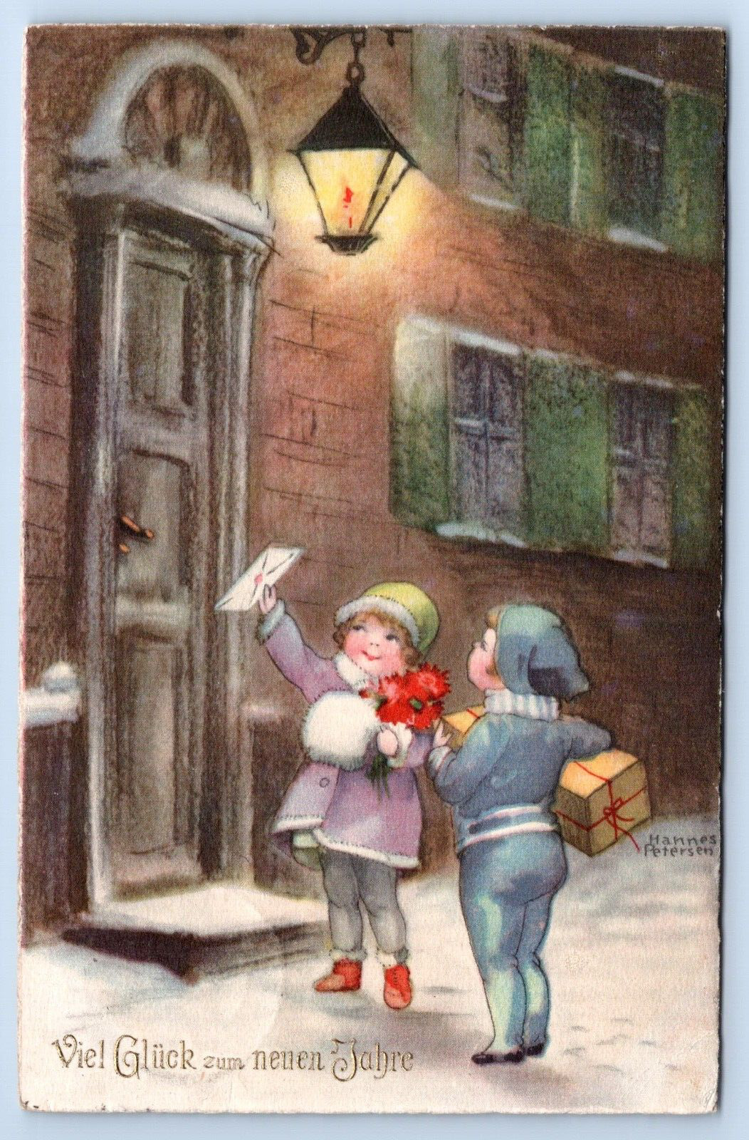 New Year Greetings Postcard Children Delivering Gifts Artist Hannes Petersen
